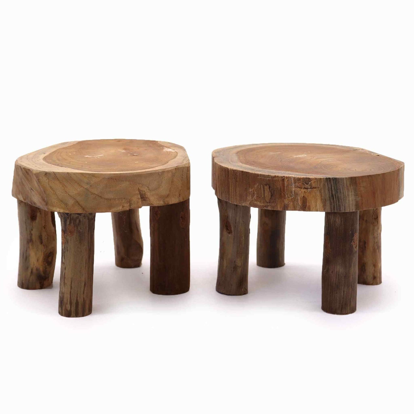 Set of two small round teak wood display stands with natural grain, shown side by side on a white background.