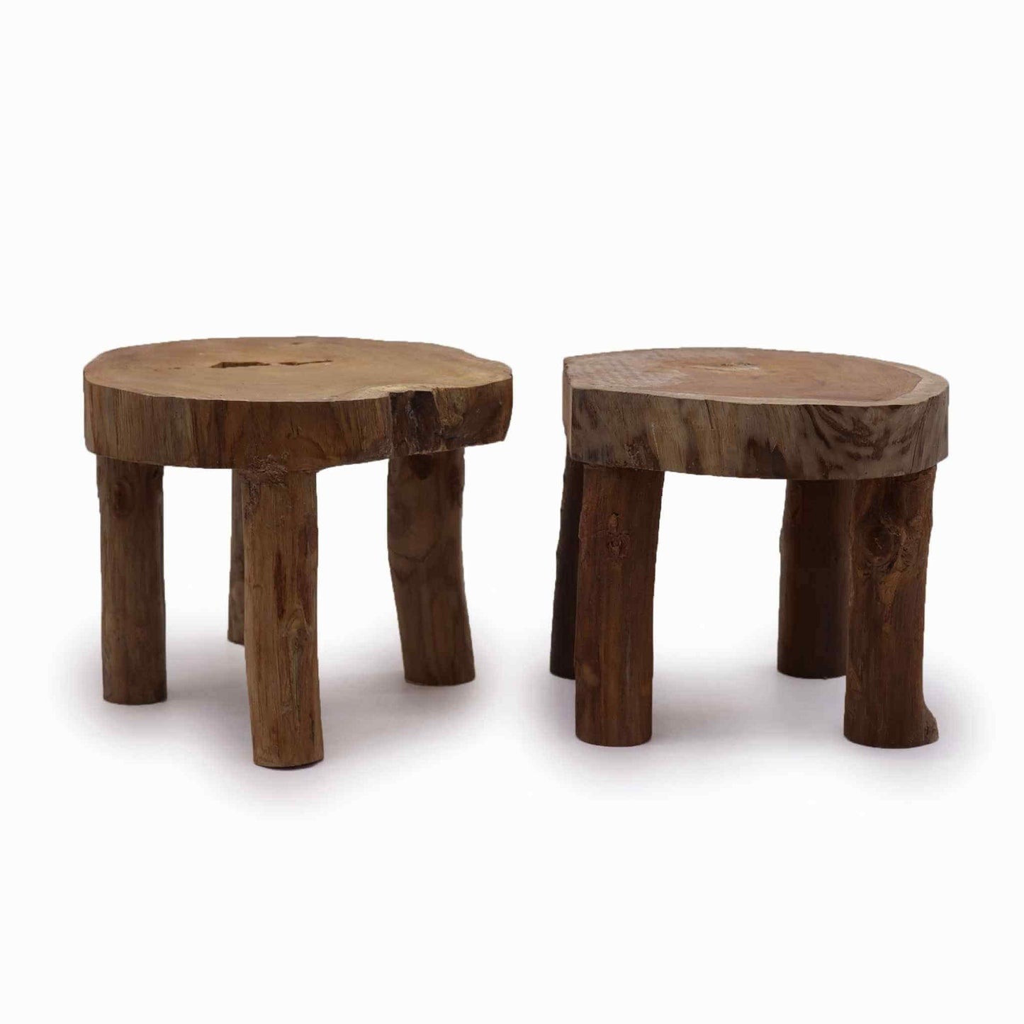 Pair of solid teak display stands with natural wood grain, cylindrical legs, and smooth rounded tops, shown on a plain white background.