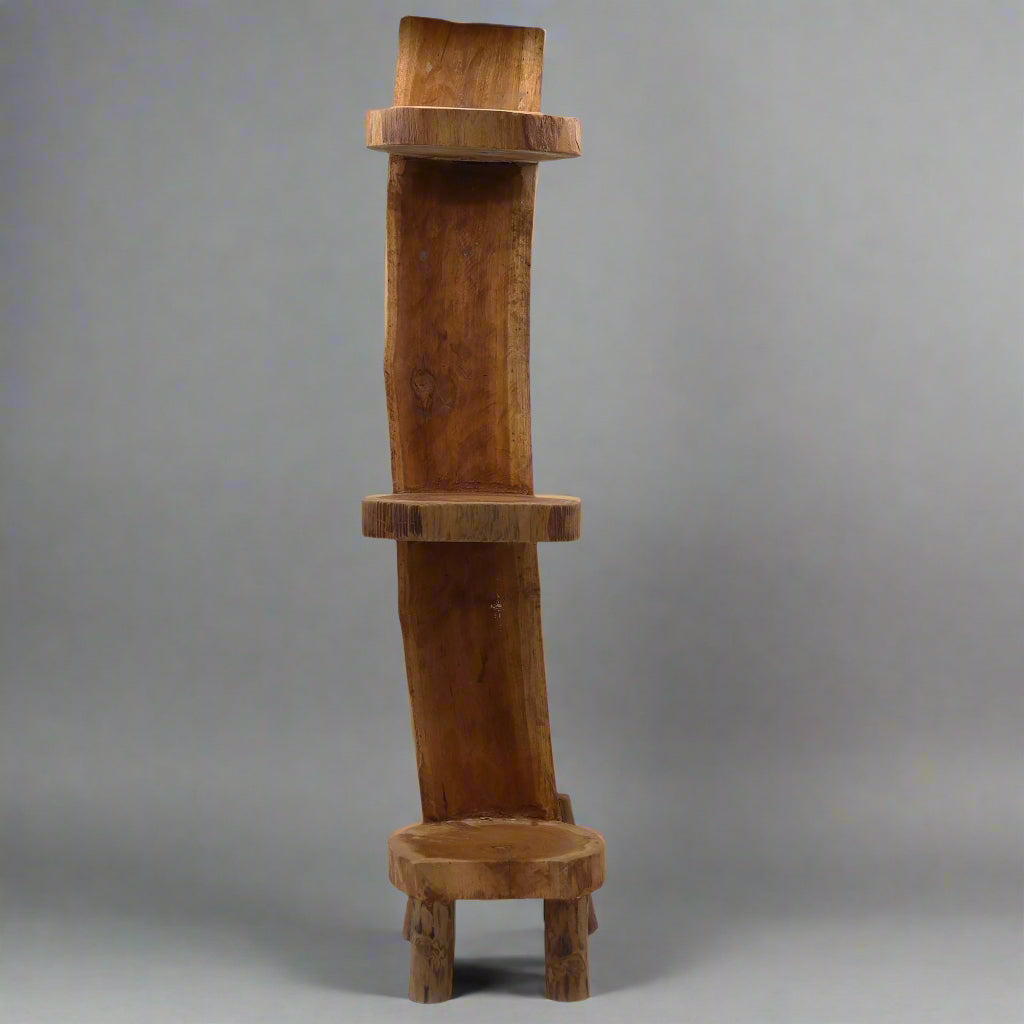 Natural teak log display shelf with three tiers, shown front-on.