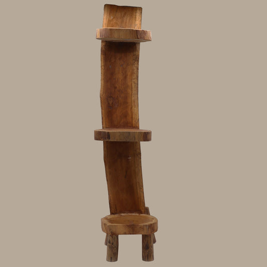 Natural teak log display shelf with three tiers, shown front-on against a white background.