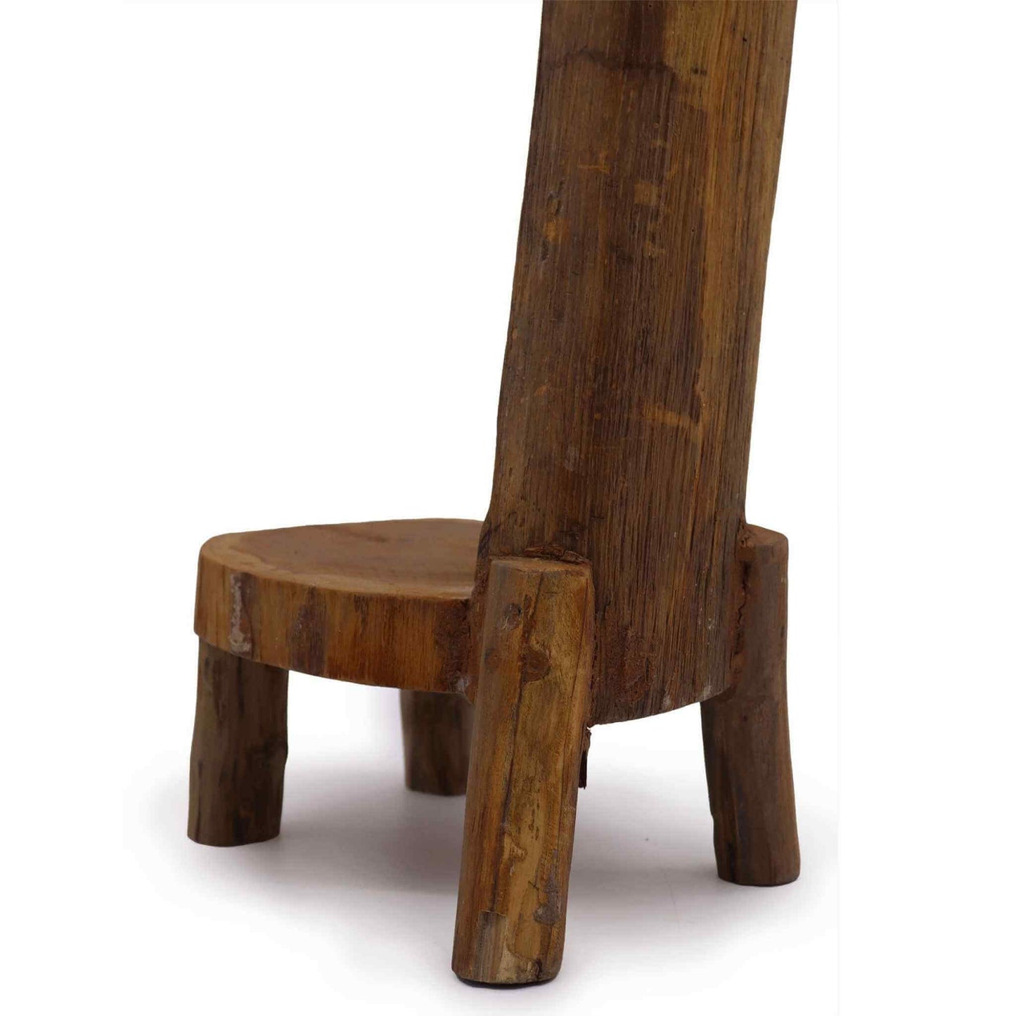 Close-up of lower section showing sturdy round teak base and rustic grain detail.