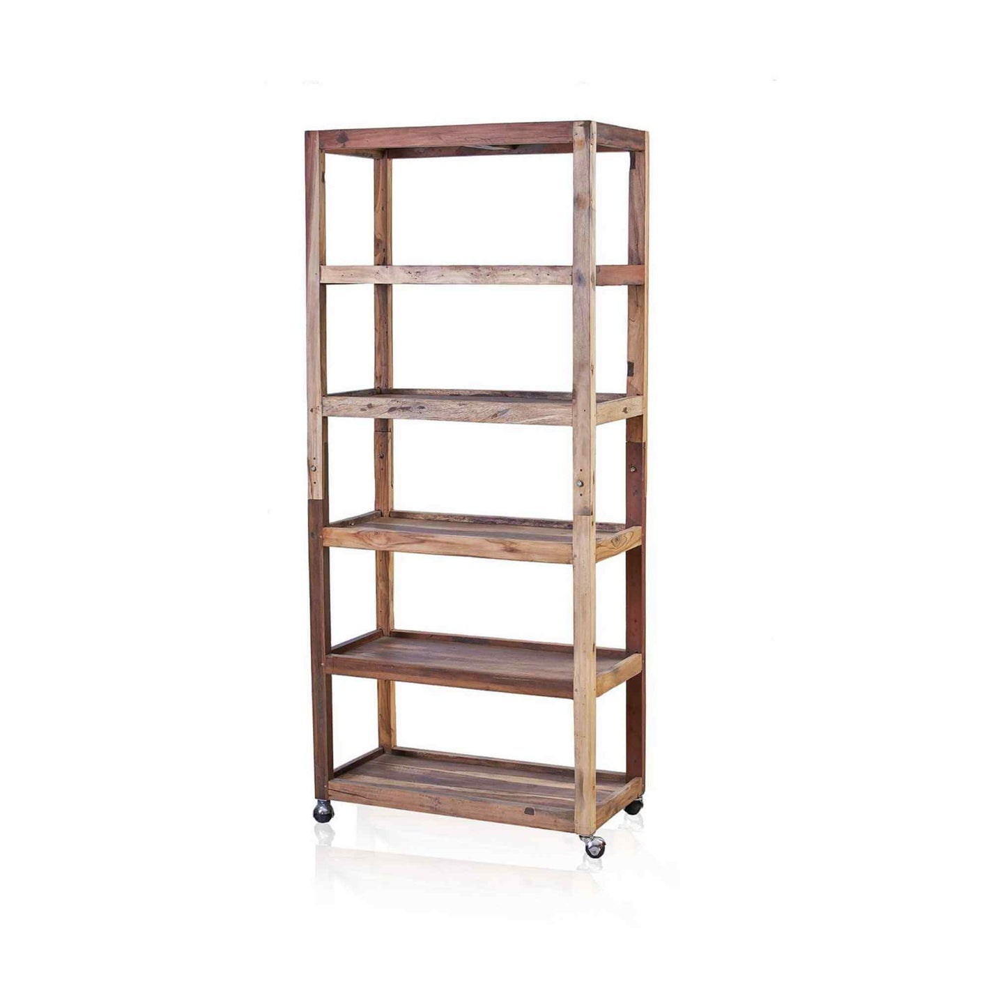 Tall six-shelf recycled teak bookcase on wheels, angled.
