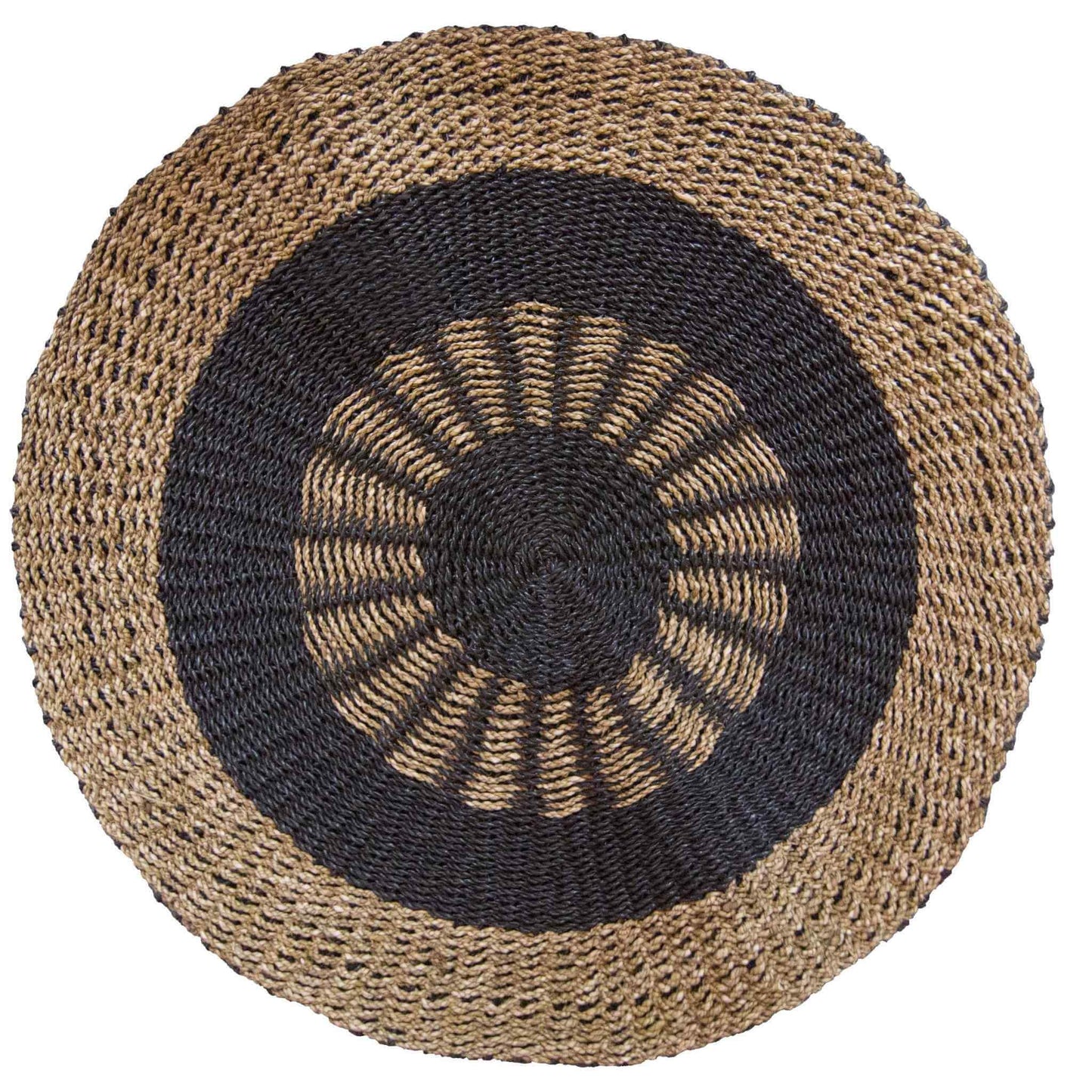Top view of a round seagrass rug featuring a black and tan pattern, ideal for indoor decor.