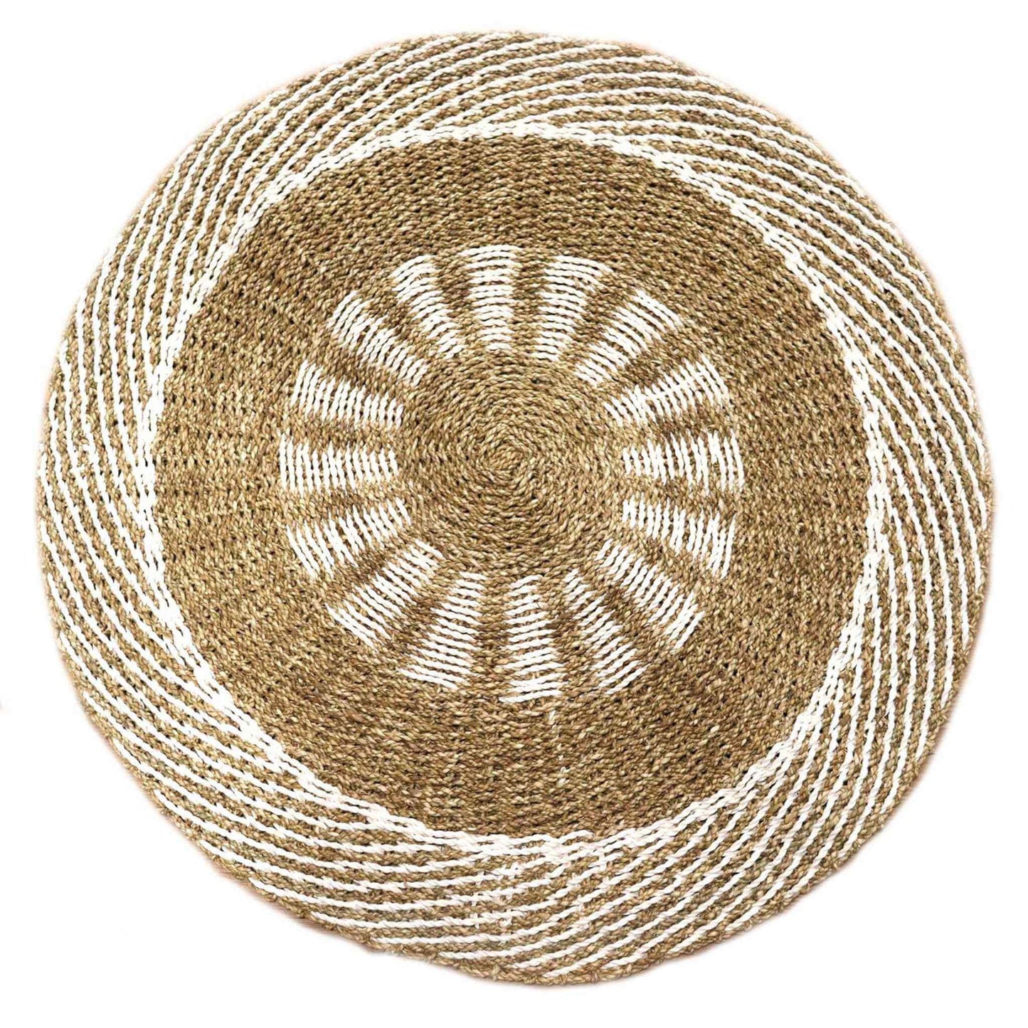 Round seagrass rug in natural tan and white stripes, displayed clearly on a plain white background.