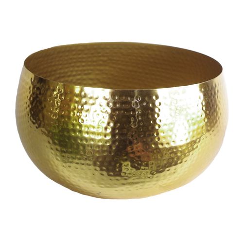 Empty XL gold metal bowl planter with hammered finish and straight edge, 32 x 20cm size.