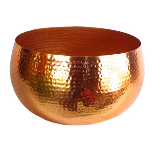 Empty XL hammered copper metal bowl planter with straight edge design.