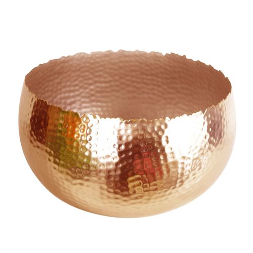 XL hammered copper metal planter with curved edge on white background.