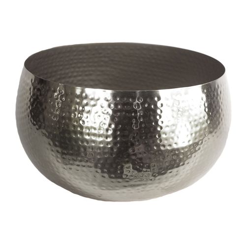 Empty XL hammered silver metal bowl planter with straight edge.