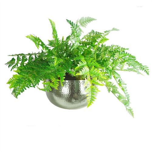 XL hammered silver metal bowl planter styled with lush artificial fern plant.