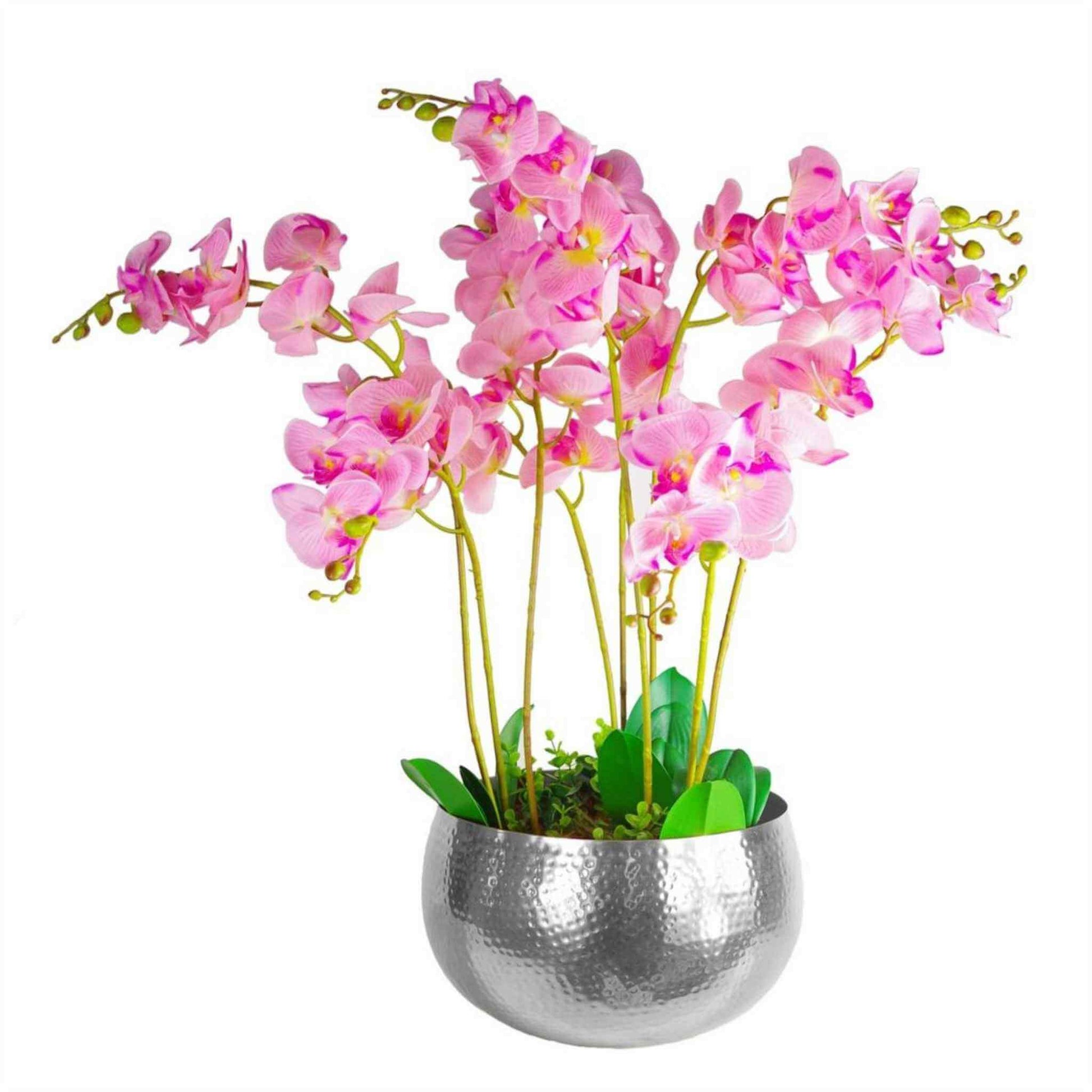 XL hammered silver metal planter with pink orchid arrangement, highlighting reflective texture and size.
